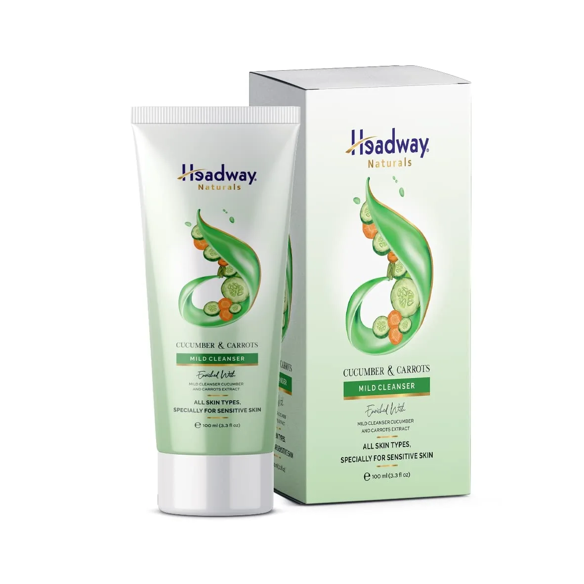 Headway Naturals Cucumber & Carrots Mild Cleanser – Gentle Hydrating Face Wash for Sensitive & Dry Skin (100g)